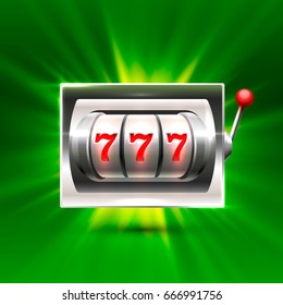 Silver slot machine wins the jackpot. Isolated on green background. Vector illustration
