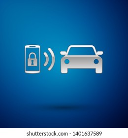 Silver Smart car alarm system icon isolated on blue background. The smartphone controls the car security on the wireless. Vector Illustration