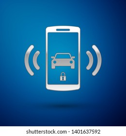 Silver Smart car alarm system icon isolated on blue background. The smartphone controls the car security on the wireless. Vector Illustration