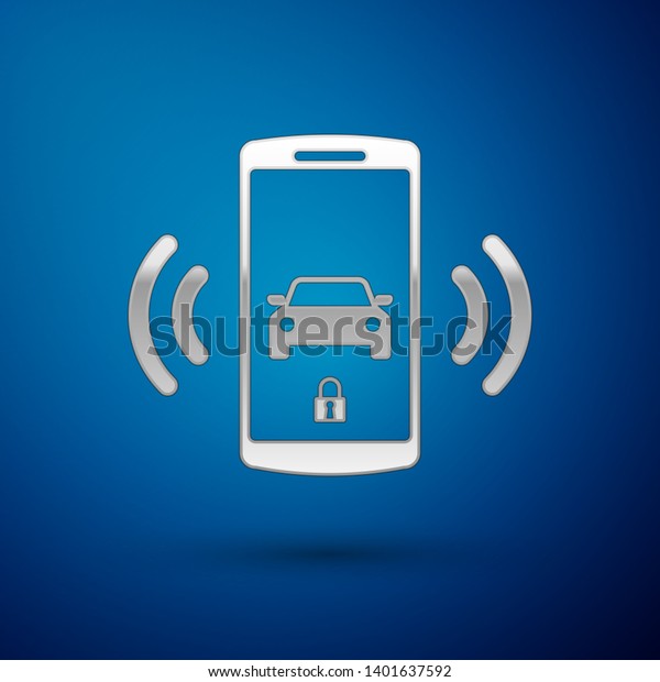 Silver Smart car alarm system icon isolated\
on blue background. The smartphone controls the car security on the\
wireless. Vector\
Illustration