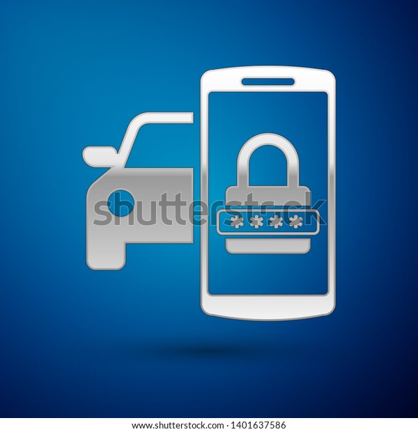 Silver Smart car security system icon\
isolated on blue background. The smartphone controls the car\
security on the wireless. Vector\
Illustration