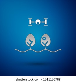 Silver Smart farm with drone control and tree icon isolated on blue background. Innovation technology for agricultural company.  Vector Illustration