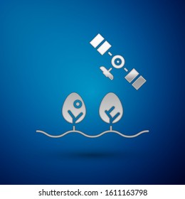 Silver Smart farm with drone control and tree icon isolated on blue background. Innovation technology for agricultural company.  Vector Illustration