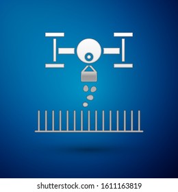 Silver Smart farm with drone control for seed planting icon isolated on blue background. Innovation technology for agricultural company.  Vector Illustration