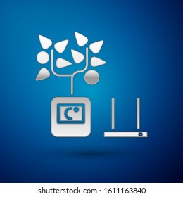 Silver Smart farming technology - farm automation system in app icon isolated on blue background.  Vector Illustration