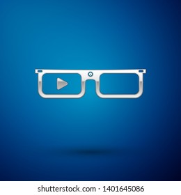 Silver Smart glasses mounted on spectacles icon isolated on blue background. Wearable electronics smart glasses with camera and display. Vector Illustration