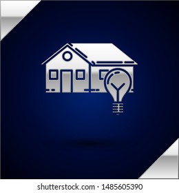 Silver Smart house and light bulb icon isolated on dark blue background.  Vector Illustration