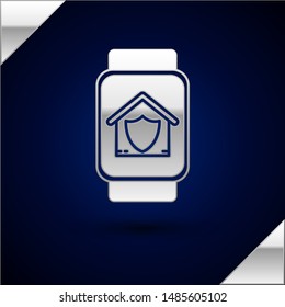 Silver Smart watch with house under protection icon isolated on dark blue background. Protection, safety, security, protect, defense concept.  Vector Illustration