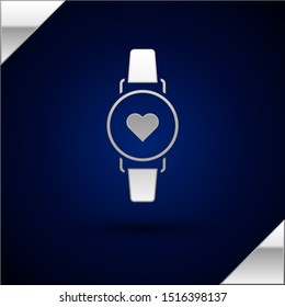 Silver Smart watch showing heart beat rate icon isolated on dark blue background. Fitness App concept. Vector Illustration Silver Smart watch showing heart beat rate icon isolated on dark blue background. Fitness App concept. Vector Illustration