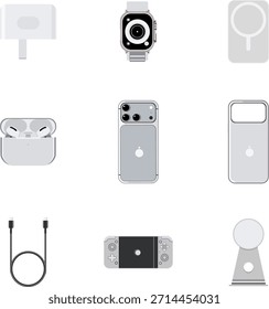 Silver smartphone accessories icon set flat vector illustration with metallic style phone case, charger, cable, earphones and power bank. Suitable for technology branding, websites, mobile application