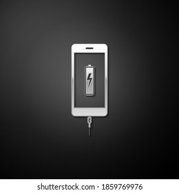 Silver Smartphone battery charge icon isolated on black background. Phone with a low battery charge and with USB connection. Long shadow style. Vector.
