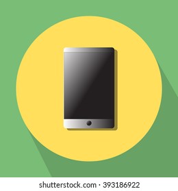 silver smartphone and big display on yellow-green background 
