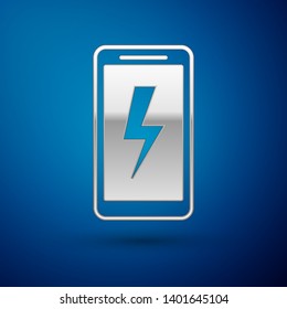 Silver Smartphone charging battery icon isolated on blue background. Phone with a low battery charge. Vector Illustration