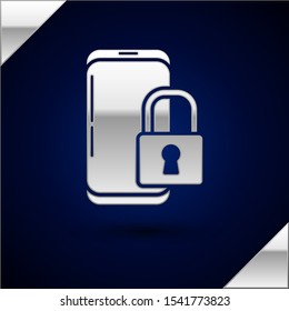 Silver Smartphone with closed padlock icon isolated on dark blue background. Phone with lock. Mobile security, safety, protection concept.  Vector Illustration