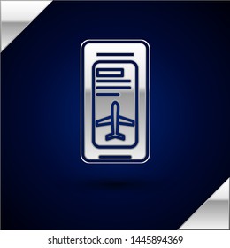 Silver Smartphone with electronic boarding pass airline ticket icon isolated on dark blue background. Passenger plane mobile ticket for web and app.  Vector Illustration