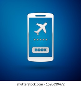 Silver Smartphone with electronic boarding pass airline ticket icon isolated on blue background. Passenger plane mobile ticket for web and app.  Vector Illustration