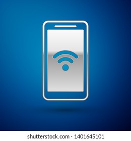 Silver Smartphone with free wi-fi wireless connection icon isolated on blue background. Wireless technology, wi-fi connection, wireless network. Vector Illustration