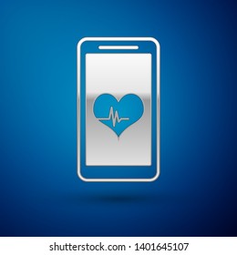 Silver Smartphone with heart rate monitor function icon isolated on blue background. Vector Illustration