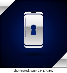 Silver Smartphone with lock icon isolated on dark blue background. Phone with lock. Mobile security, safety, protection concept.  Vector Illustration