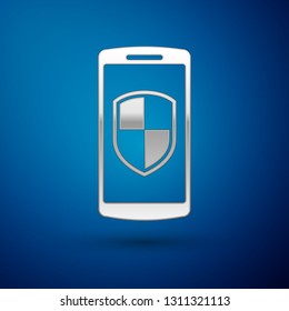 Silver Smartphone, mobile phone with security shield icon isolated on blue background. Vector Illustration