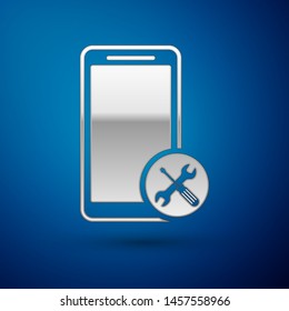 Silver Smartphone with screwdriver and wrench icon isolated on blue background. Adjusting, service, setting, maintenance, repair, fixing.  Vector Illustration