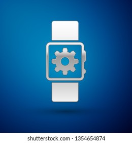 Silver Smartwatch setting icon isolated on blue background. Smart watch settings. Vector Illustration