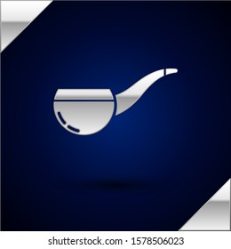 Silver Smoking pipe with smoke icon isolated on dark blue background. Tobacco pipe.  Vector Illustration