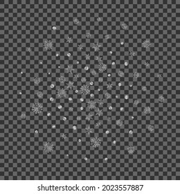 Silberschneehintergrund transparenter Vektorgrafik. Punktzufällige Karte. Leuchtendes Schneeflocken Elegant. Metall-Glitter-Muster.