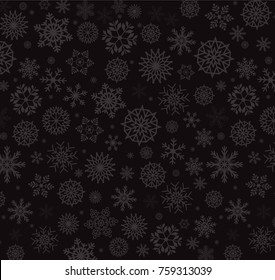 Silver snow flakes on charoal black background. Nighty winter landscape. Vector illustration, template, poster, banner.