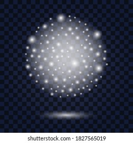 Silver snow globewith glowing sparkles and snowflakes. Winter Christmas decoration with shimy luminous particles and star dust. Vector illustration