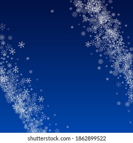 Silver Snow Vector Blue Background. Xmas Snowflake Illustration. White magic Wallpaper. Holiday Snowfall Holiday.