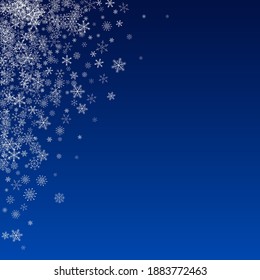 Silver Snow Vector Blue Background. Sky Snowflake Wallpaper. Gray Xmas Backdrop. Light Snowfall Transparent.