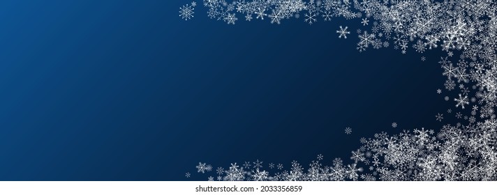 Silver Snow Vector Blue Background. Holiday Snowflake Illustration. Gray Christmas Card. New Snowfall Backdrop.