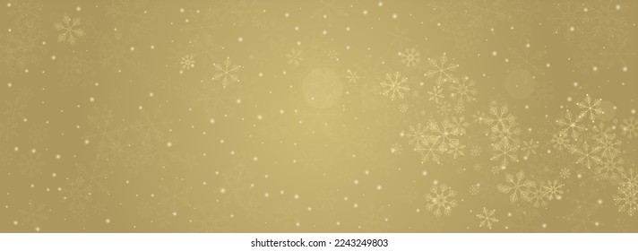 Silver Snow Vector Panoramic Gold Background. Light Snowfall Card. White Xmas Pattern. Sky Snowflake Backdrop.
