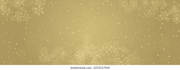 Silver Snow Vector Panoramic Gold Background. Abstract Snowfall Backdrop. White magic Pattern. Christmas Snowflake Holiday.