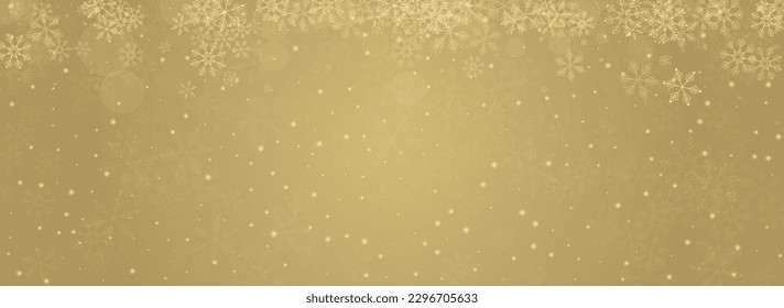 Silver Snow Vector Panoramic Gold Background. Sky Snowflake Illustration. Gray Holiday Texture. Winter Snowfall Pattern.