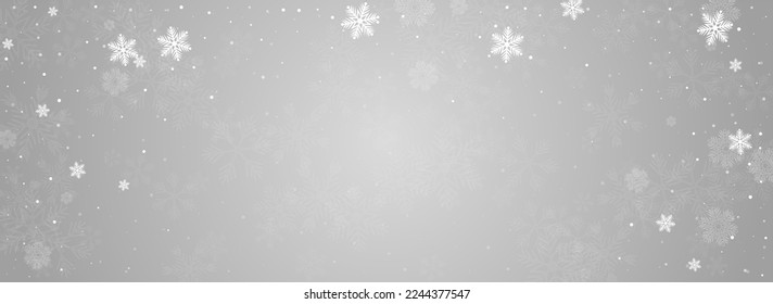 Silver Snow Vector Panoramic Grey Background. Fantasy Snowflake Holiday. Gray Light Texture. Winter Snowfall Banner.