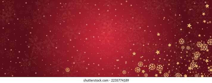 Silver Snow Vector Panoramic Red Background. Holiday Snowflake Illustration. White Winter Backdrop. Christmas Snowfall Banner.