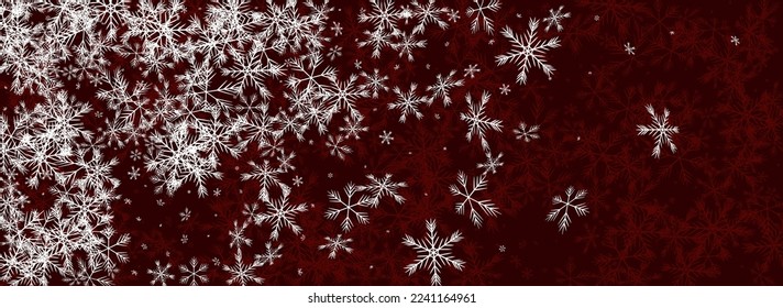Silver Snow Vector Panoramic Red Background. magic Snowflake Texture. White Sky Backdrop. Light Snowfall Wallpaper.