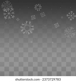 Silver Snow Vector Transparent Background. Fantasy Snowflake Pattern. Gray Sky Holiday. Christmas Snowfall Banner.