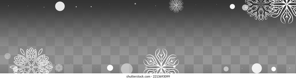 Silver Snow Vector Transparent Panoramic Background. Sky Snowfall Backdrop. White Winter Pattern. Xmas Snowflake Banner.