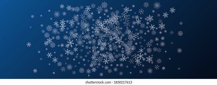 Silver Snowfall Vector Blue Background. Fantasy Snow Wallpaper. Gray Falling Design. Xmas Snowflake Holiday.