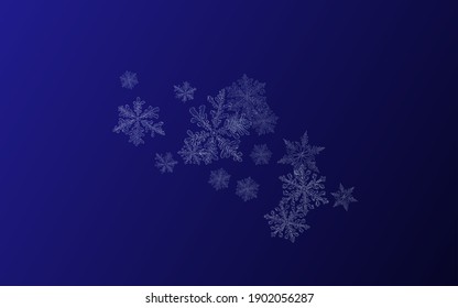 Silver Snowfall Vector Blue Background. Falling Snow Backdrop. White Light Wallpaper. Xmas Snowflake Design.