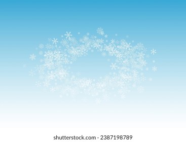 Silver Snowfall Vector Blue Background. Sky Snowflake Pattern. Gray Winter Transparent. Xmas Snow Texture.