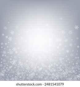 Silver Snowfall Vector Gray Background. Sky Snowflake Banner. White Winter Wallpaper. New Snow Card.