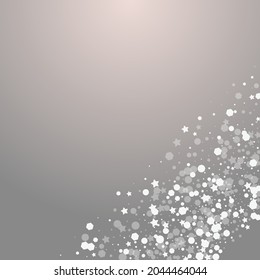Silver Snowfall Vector Grey Background. Grey Elegant Snowstorm Pattern. Shine Dots Card. Glow Confetti Banner.