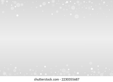 Silver Snowfall Vector Grey Background. Fantasy Snowflake Transparent. Gray Sky Holiday. Abstract Snow Pattern.