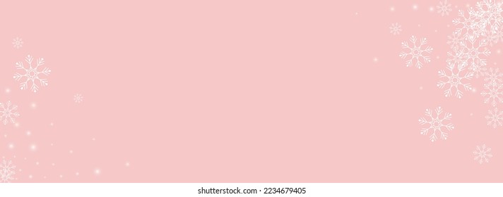 Silver Snowfall Vector Panoramic Pink Background. magic Snowflake Backdrop. White Abstract Illustration. Sky Snow Wallpaper.