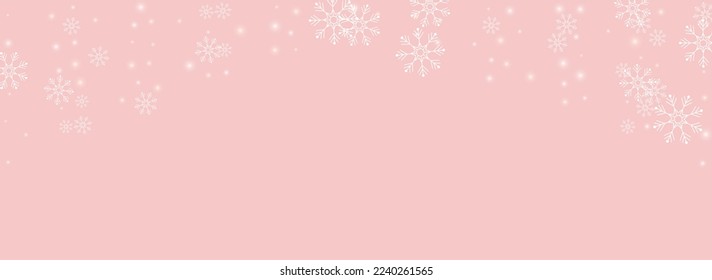 Silver Snowfall Vector Panoramic Pink Background. Light Snowflake Pattern. Golg Xmas Texture. magic Snow Banner.