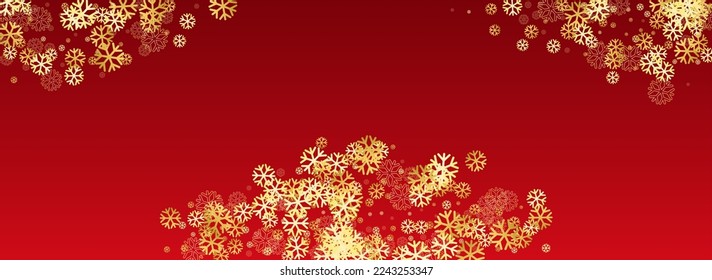 Silver Snowfall Vector Panoramic Red Background. Winter Snow Illustration. White magic Banner. Sky Snowflake Design.